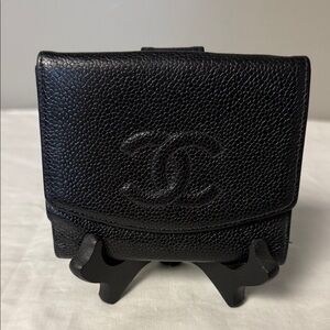 Chanel Vintage Coco Mark Wallet Black Grained Leather France Compact